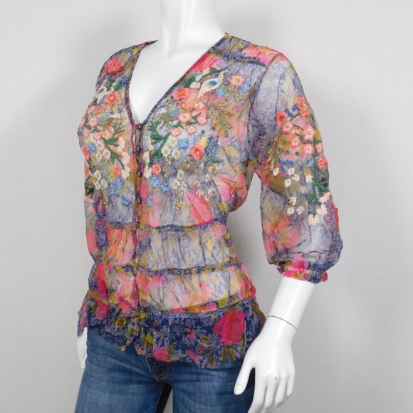 Johnny Was Biya Locust Mesh Floral Top S (92425) - Picture 3 of 7
